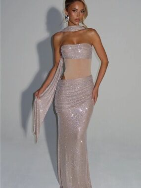 Glitter Mesh Strapless Maxi Dress in Champagne